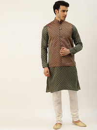 SOJANYA Lelaki Hijau Zaitun & Merah Karat Motif Etnik Jacquard Kurta Lurus dengan Churidar
