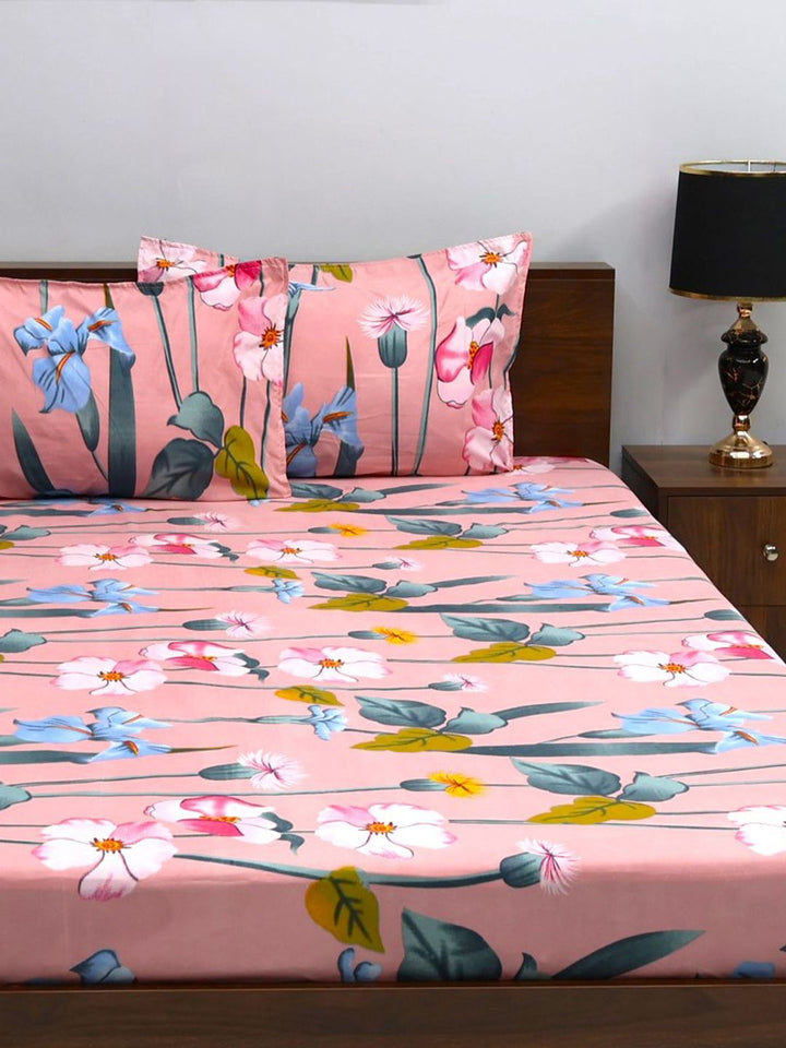 BOMBAY DYEING Pink & Blue Floral Microfiber 144 TC Queen Bedsheet with 2 Pillow Covers