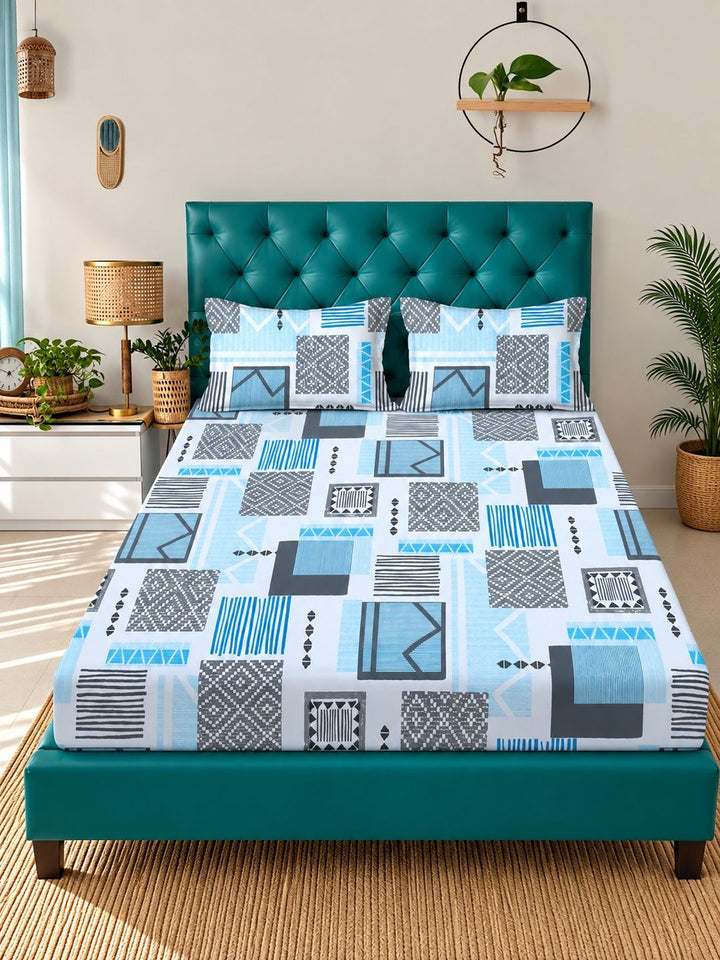 Myntra Elegant Homes Blue Geometric 400 TC King Bedsheet with 2 Pillow Covers