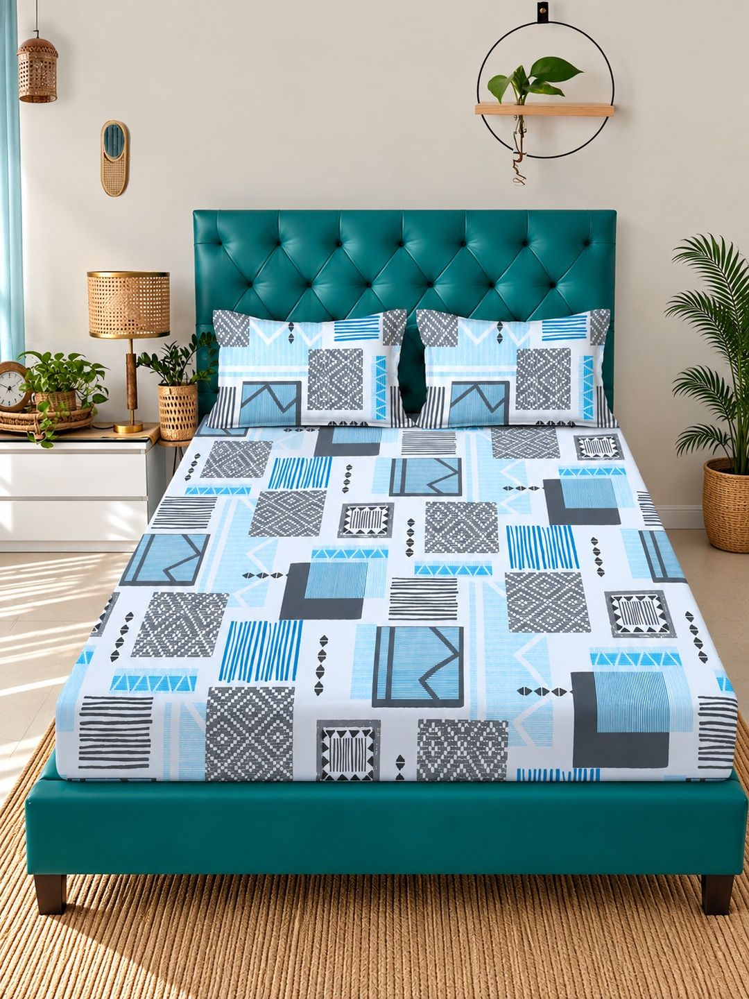 Myntra Elegant Homes Blue Geometric 400 TC King Bedsheet with 2 Pillow Covers