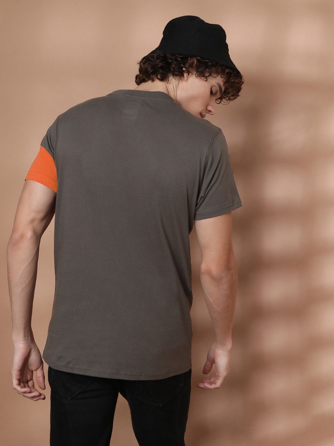 The Indian Garage Co Men Grey  Orange Colourblocked Round Neck Pure Cotton T-shirt