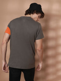 The Indian Garage Co Men Grey  Orange Colourblocked Round Neck Pure Cotton T-shirt