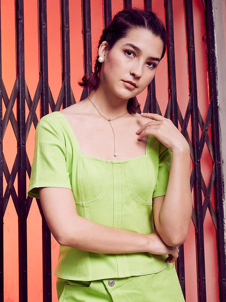 Athena Lime Green Square Neck Cotton Canvas Regular Top