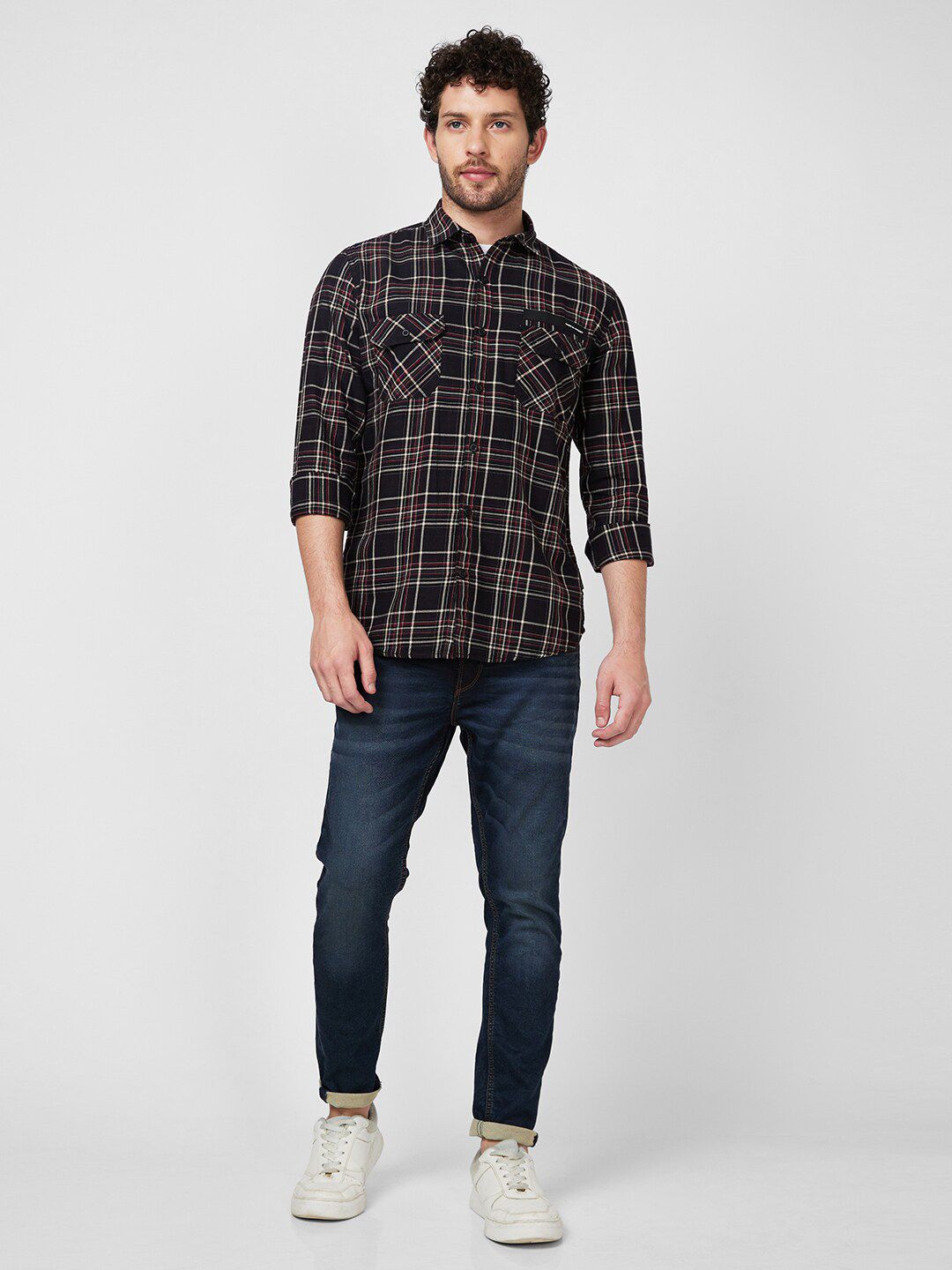 SPYKAR Tartan Checked Spread Collar Denim Casual Cotton Shirt