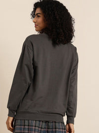 DILLINGER Women Grey Typographic Oversized Sweatshirt
