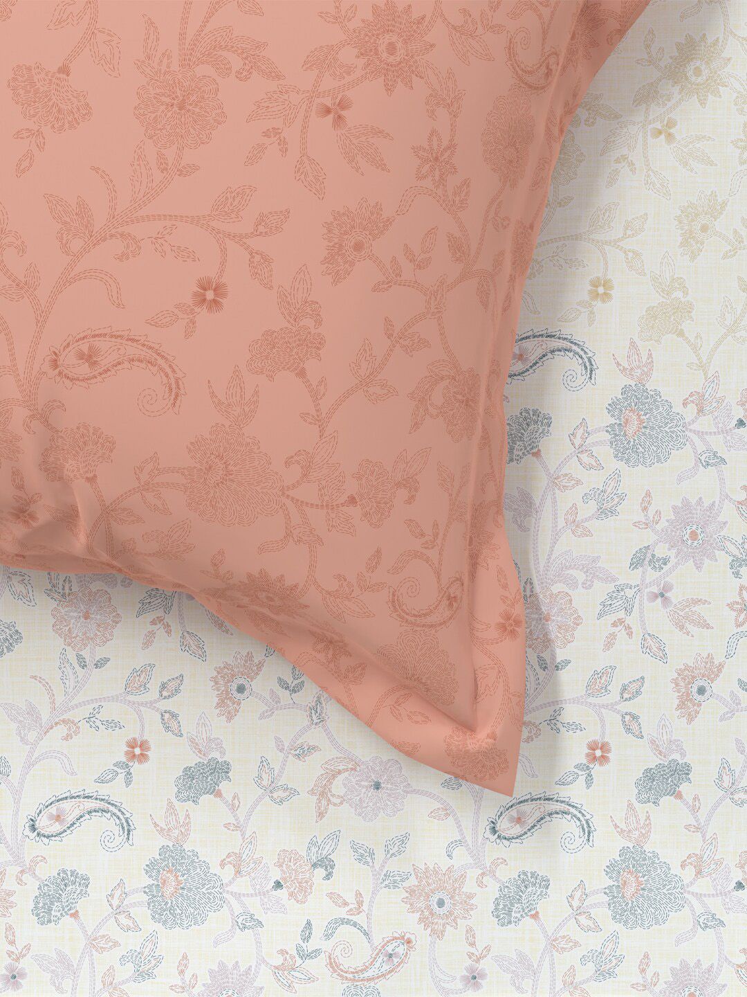 TRIDENT Kantha Peach Sanskriti Flat 144TC King Cotton Bedsheet Set