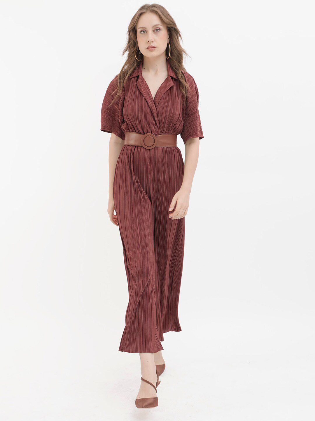 RAREISM Striped Notched Lapel Collar Basic Jumpsuit