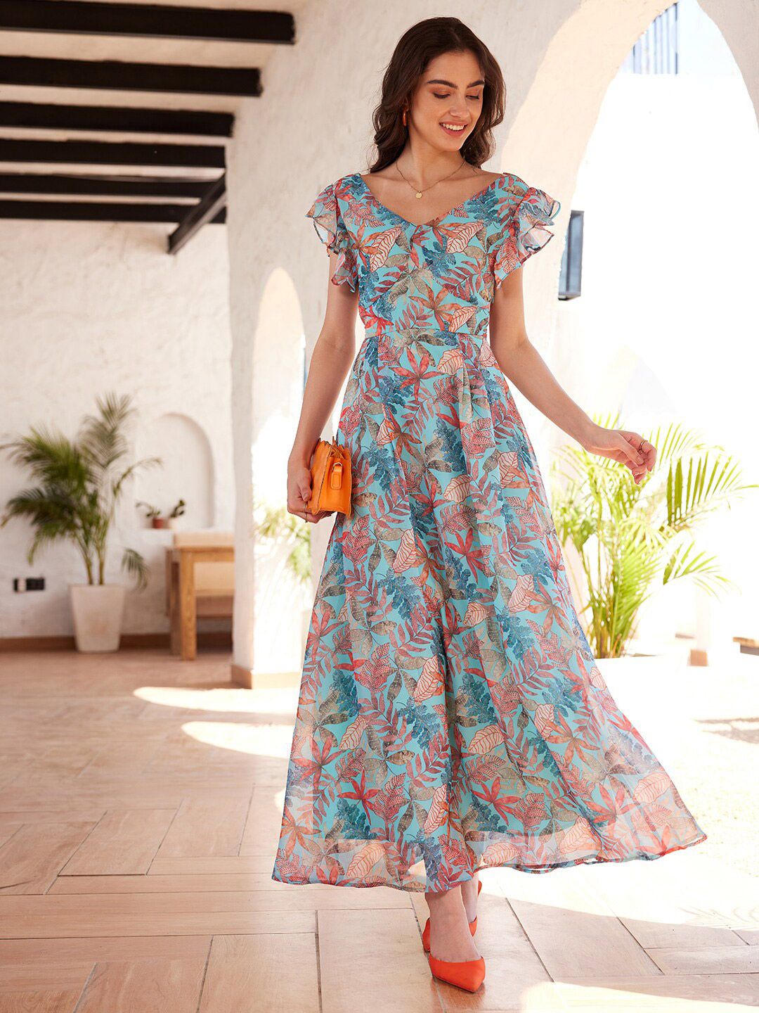 STREET 9 Tropical Printed Flutter Sleeves Georgette Maxi Dress