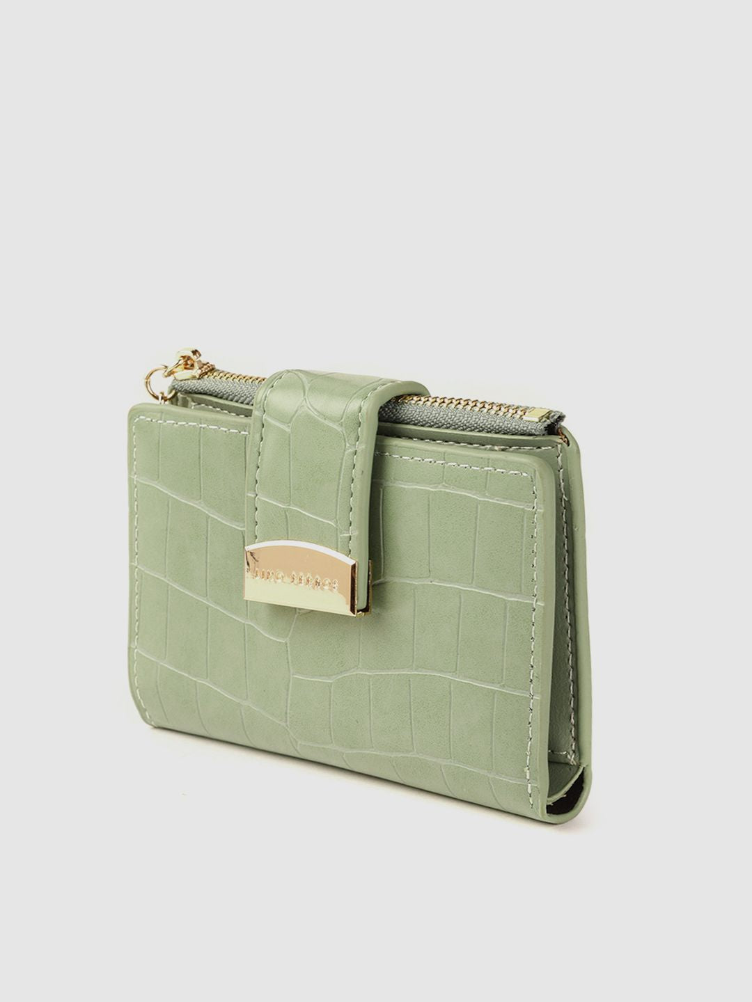 Lino Perros Women Sage Green Croc Textured Two Fold Wallet