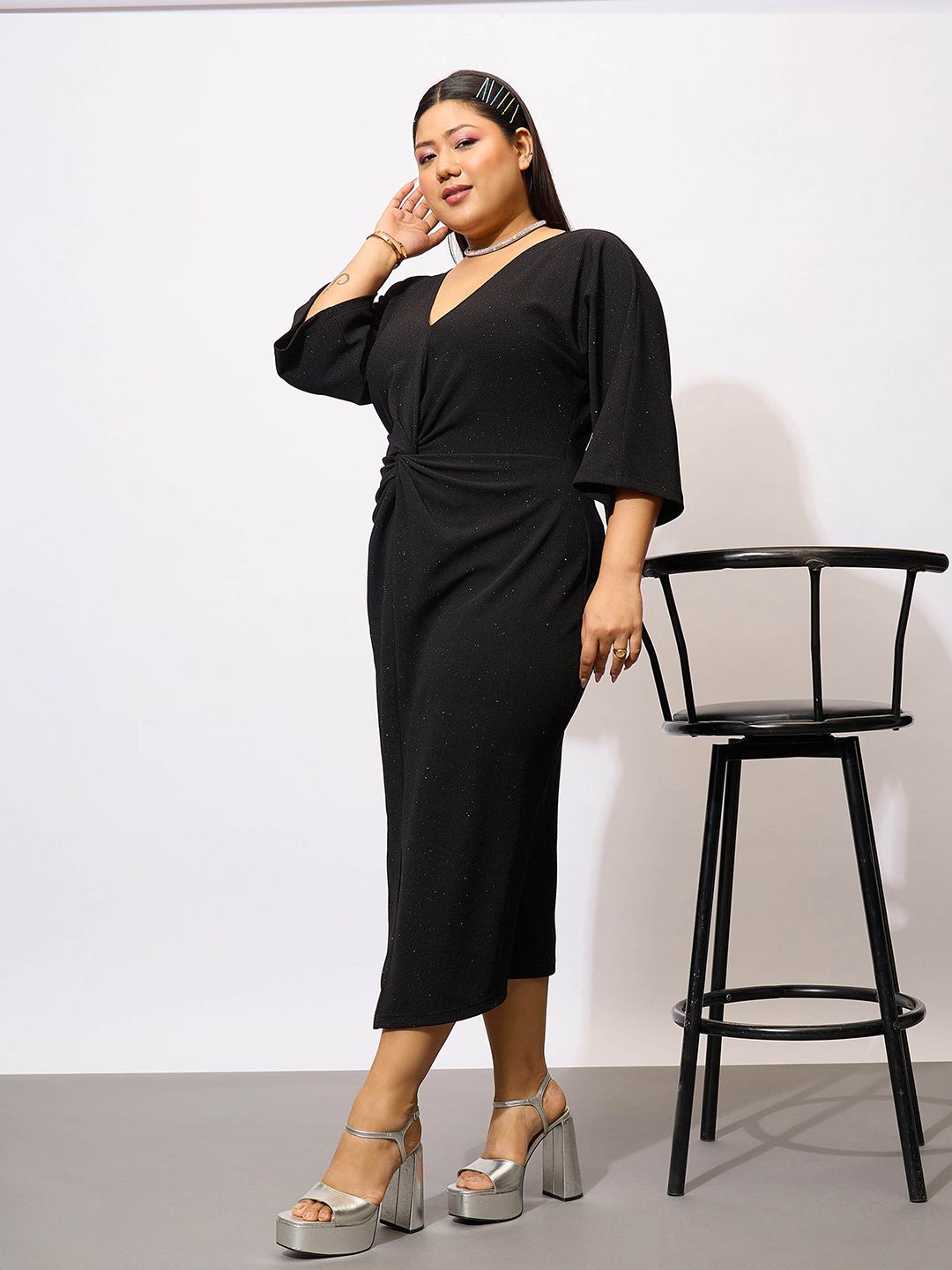 SASSAFRAS Curve Plus Size Black Glitter V-Neck Knot Sheath Midi Dress