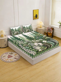 Myntra Elegant Homes Green & White Floral 400 TC Cadar Katil King dengan 2 Sarung Bantal