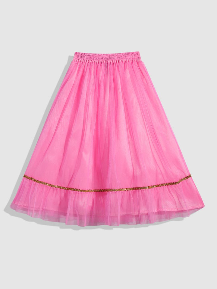 YK Girls Pink Printed Sibling Collection Ready to Wear Lehenga & Blouse With Dupatta