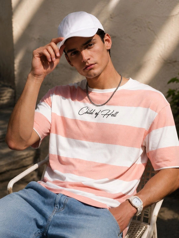 Eszett Men Child Hell Tshirt Striped Cotton Leher Bulat Kemeja-T Fit Oversized