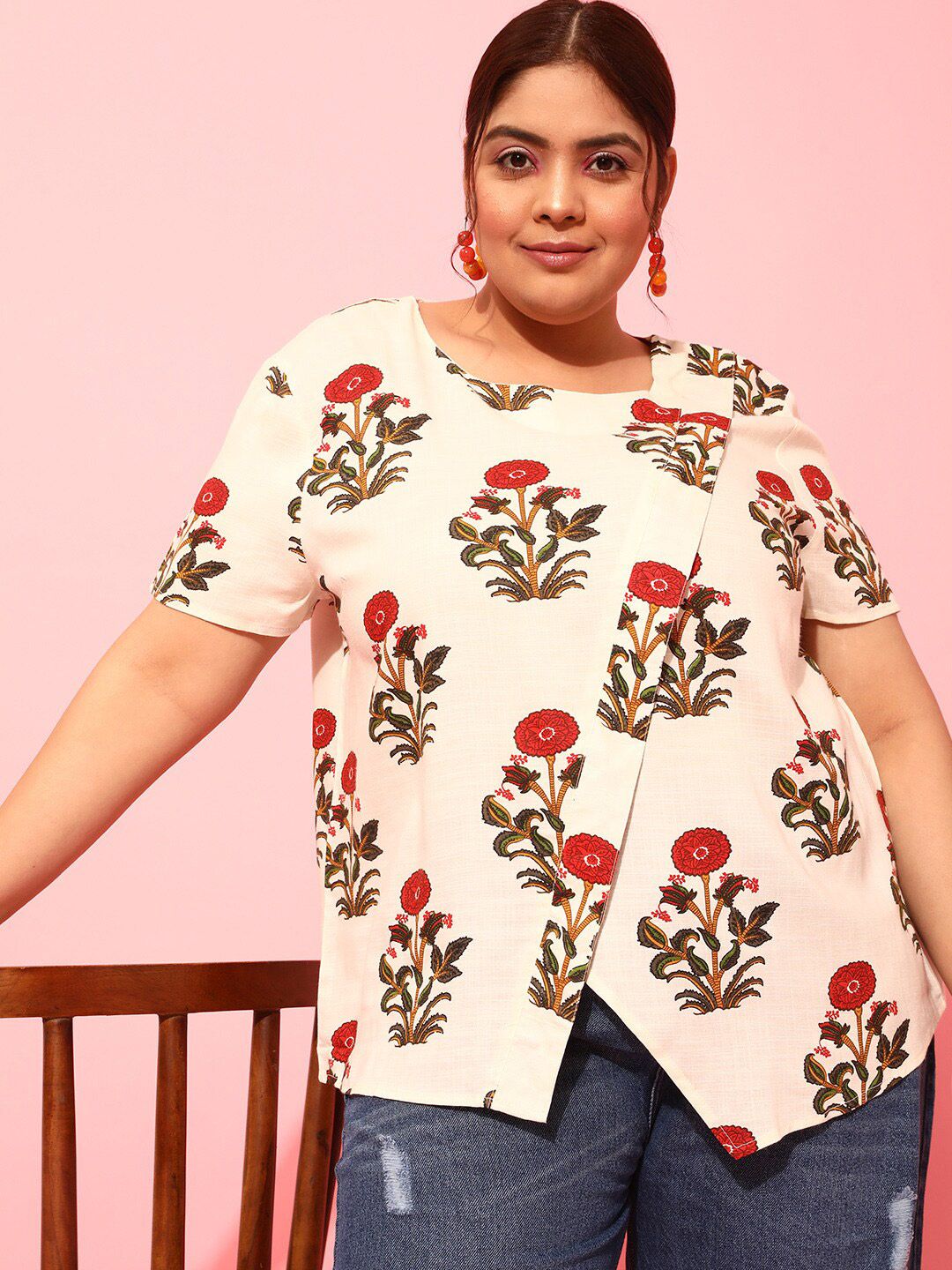 CURVY STREET Plus Size Floral Printed Square Neck Crepe Top