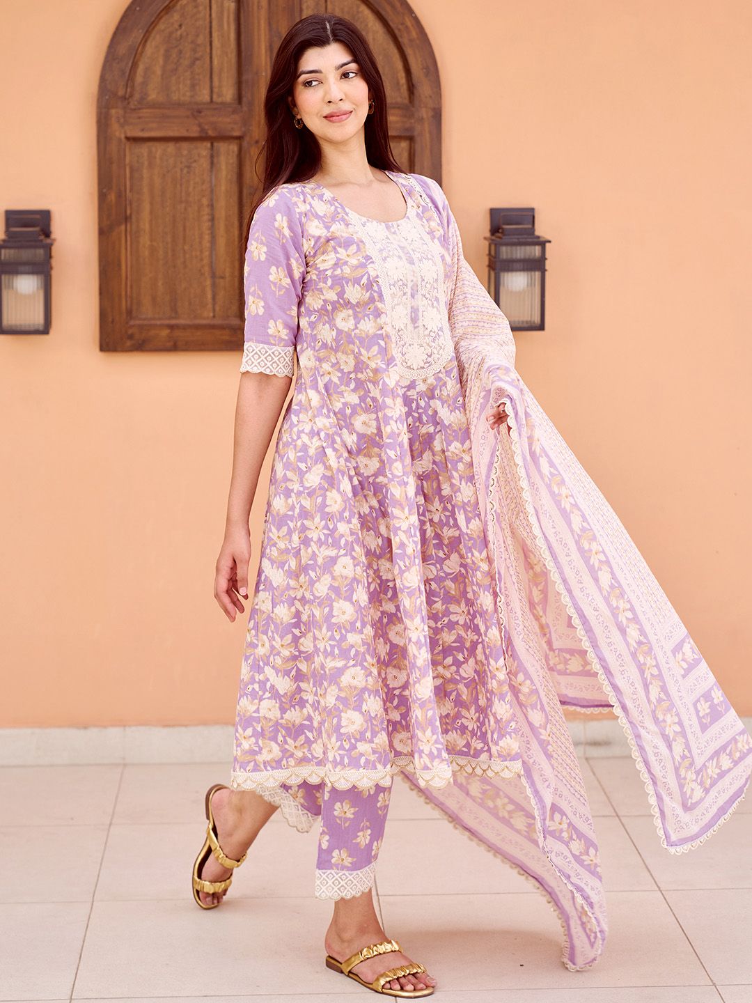 Libas Floral Printed Panelled Thread Work Pure Cotton A-Line Kurta With Trousers & Dupatta