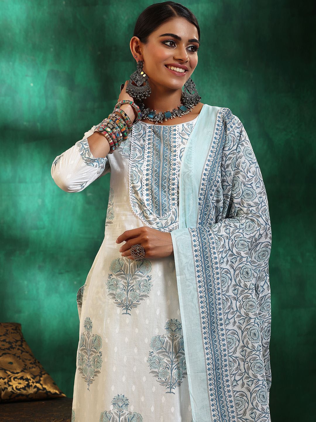 Libas Floral Printed Gotta Patti Pure Cotton Straight Kurta with Trousers & Dupatta