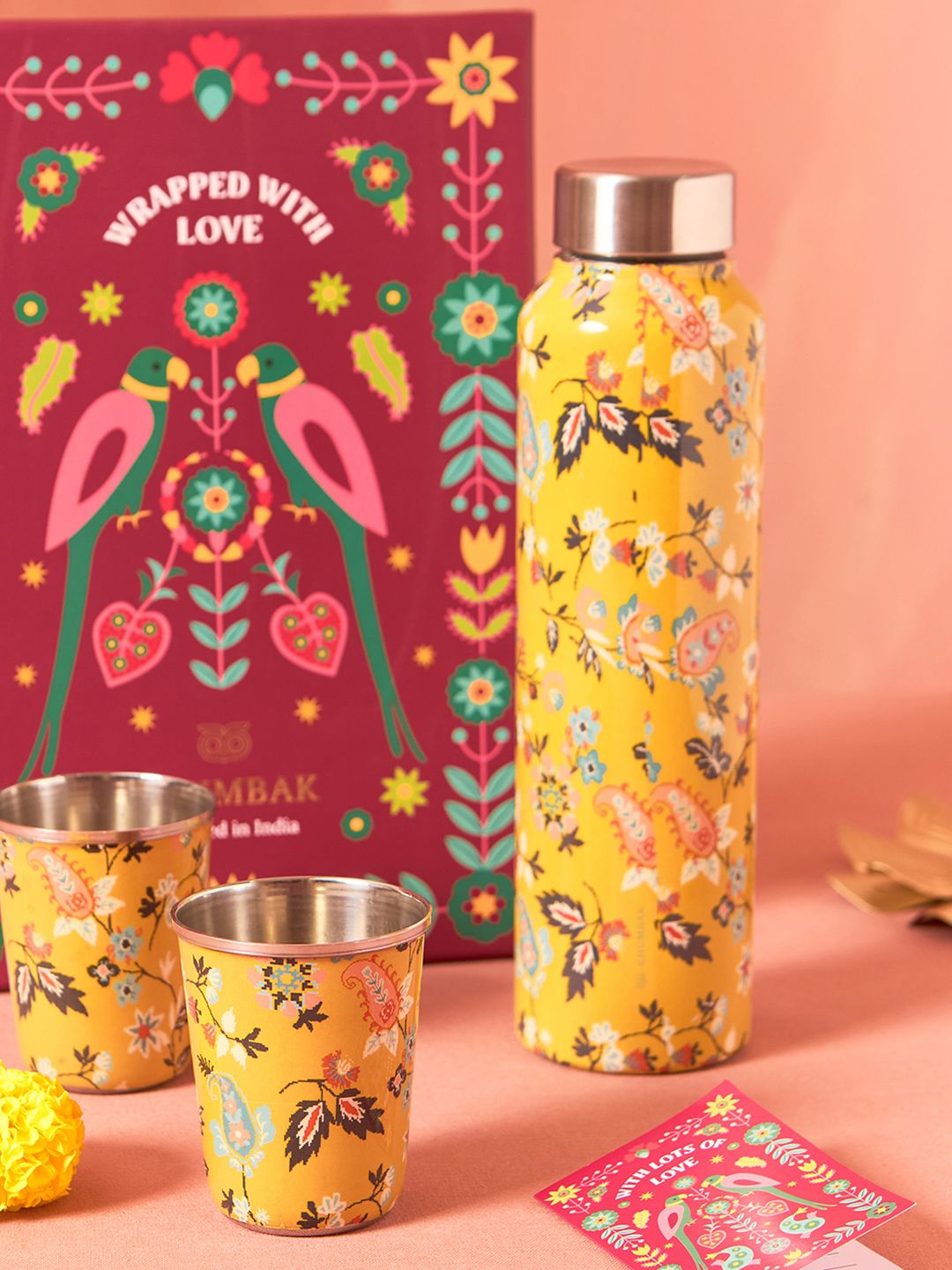 Chumbak Pixel Yellow & Blue 3 Pieces Printed Stainless Steel Drinkware Gift Set - 180 ml