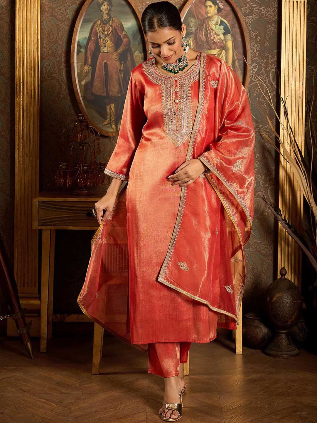 Indo Era Ethnic Motifs Embroidered Zari Liva Kurta With Trousers & Dupatta