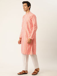 SOJANYA Lelaki Kurta Bersulam Warna Peach & Putih dengan Piyama & Jaket Nehru