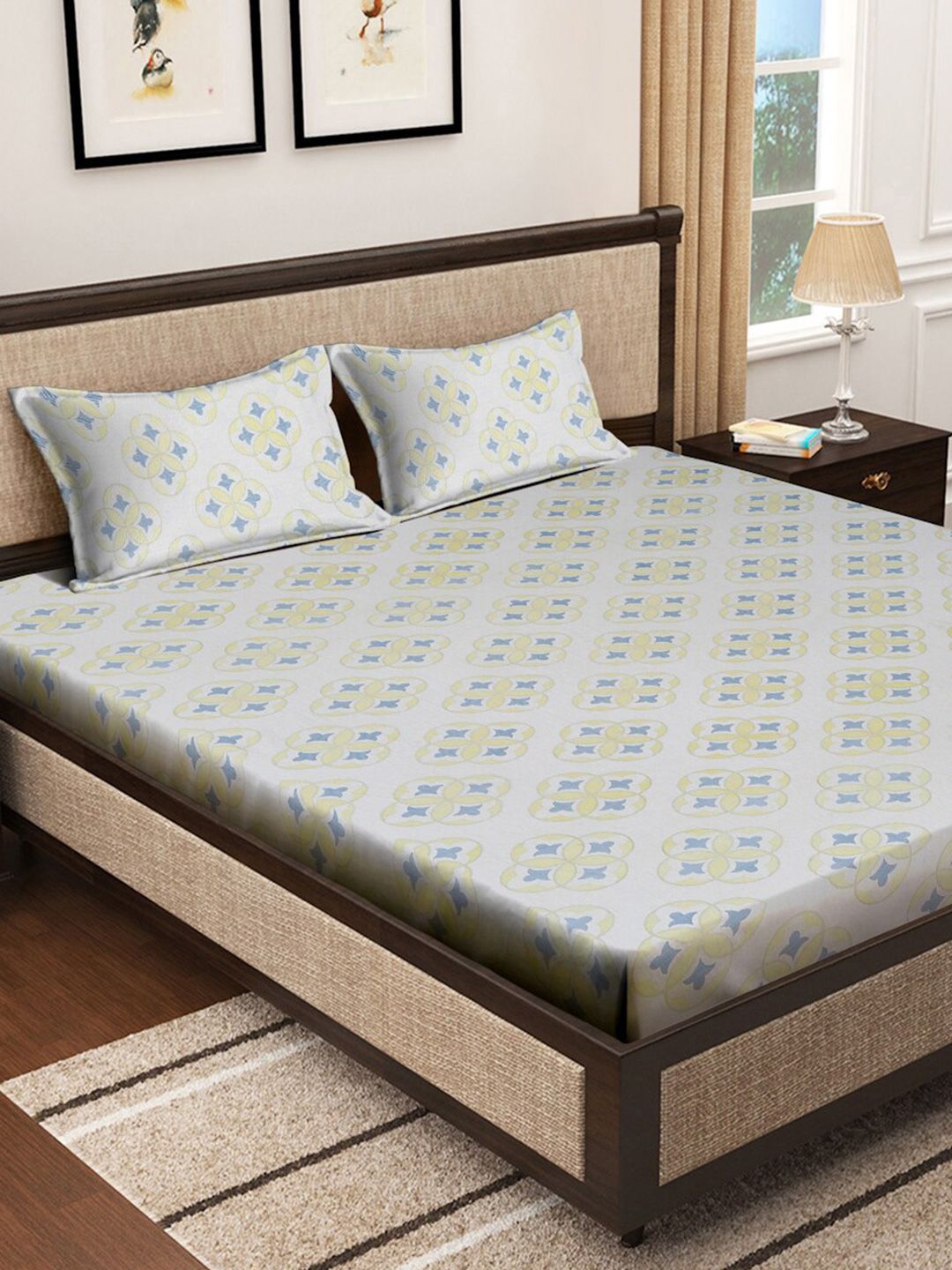 KLOTTHE Kelabu Bunga Kapas Tulen 400 TC Dilengkapi Cadar King Superfine dengan 2 Sarung Bantal-250 x 225 cm