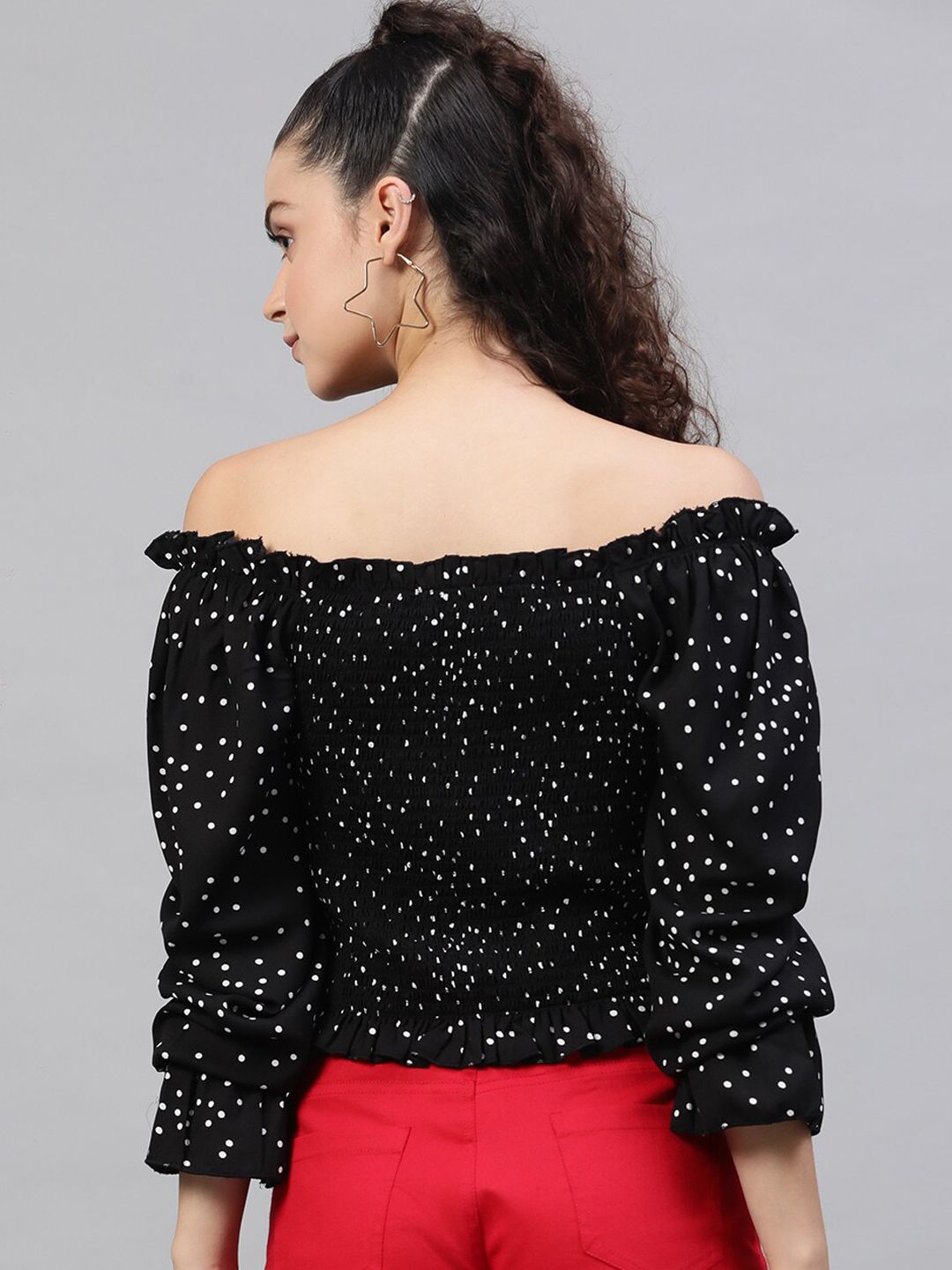 STREET 9 Black & White Polka Dot Print Off-Shoulder Smocked Monochrome Bardot Top