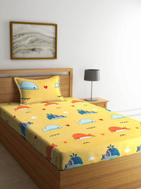 KLOTTHE Yellow Cartoon Characters Polycotton 300 TC Single Fine Bedsheet with a Pillow Cover-87 x 59 inches