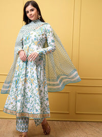 Vishudh Women Floral Printed Regular Pure Cotton Kurta with Trousers & With Dupatta