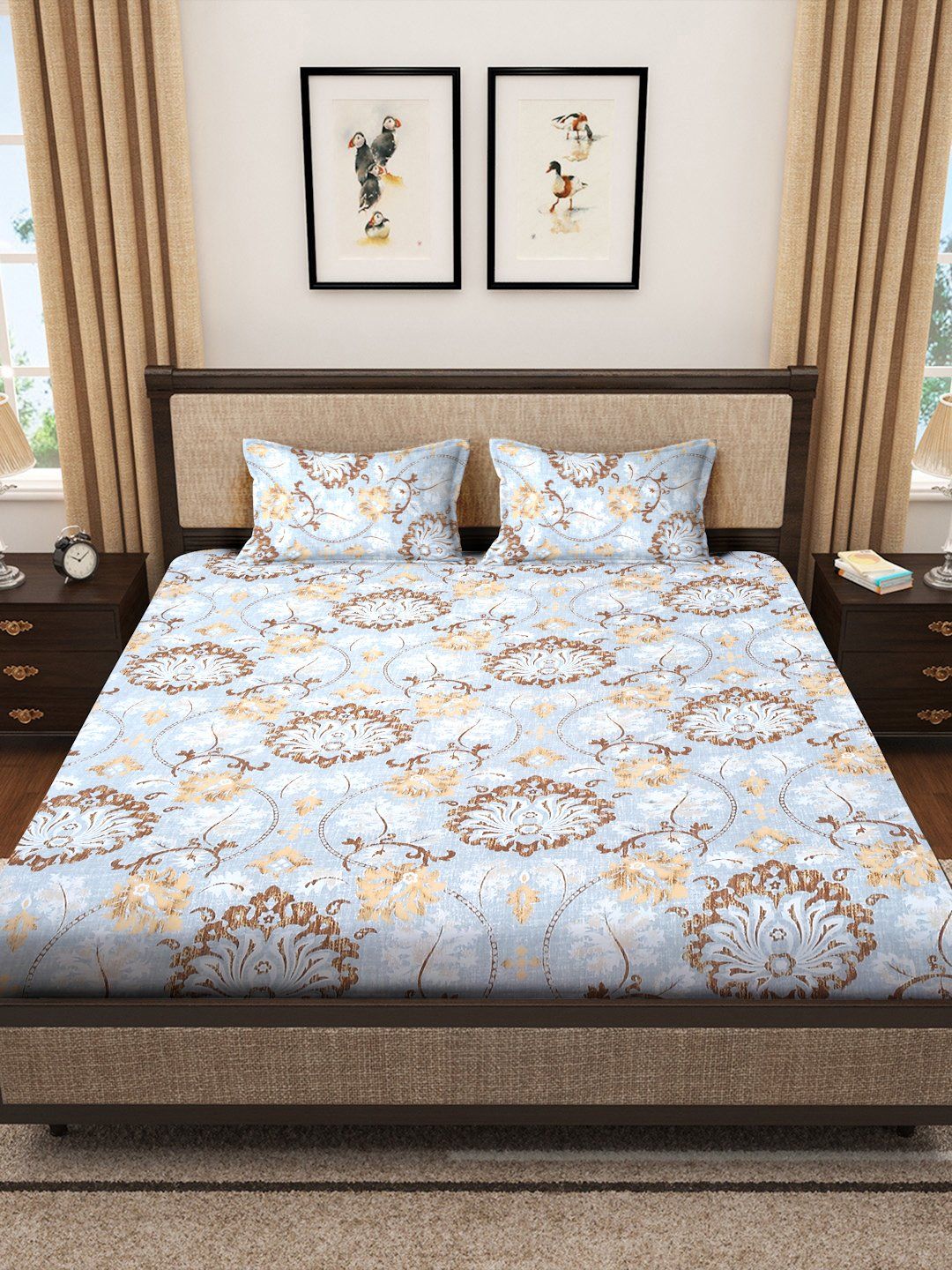Myntra Elegant Homes Biru & Kelabu Bercetak 300 TC Set Cadar King 2.5m x 2.25m