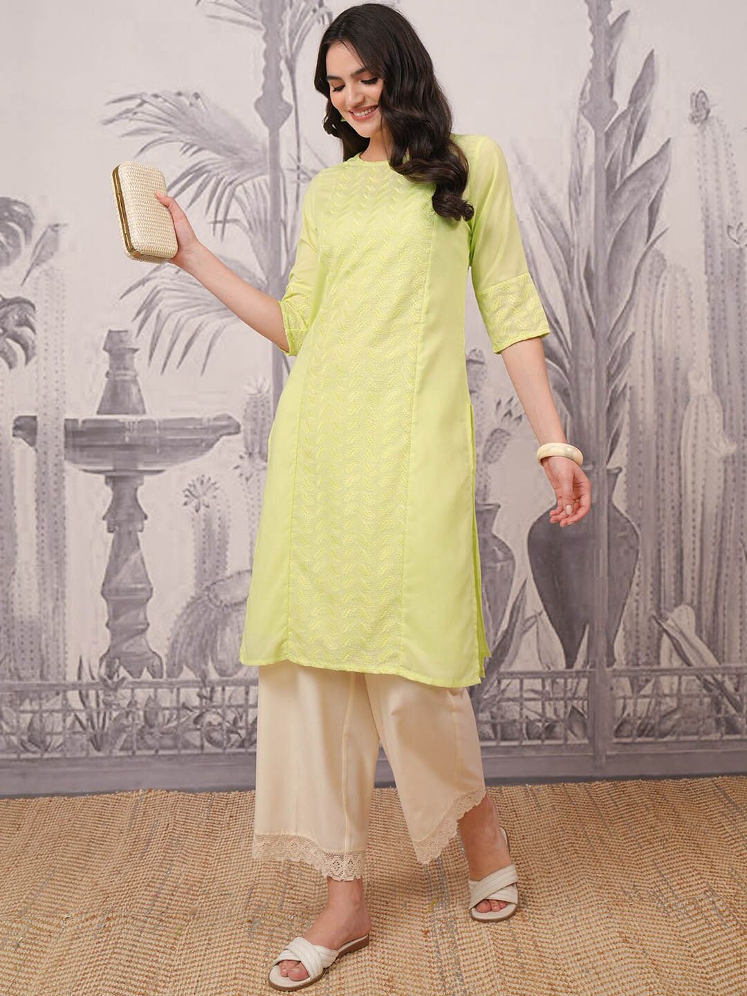 Vishudh Yellow Floral Thread Work Round Neck A-Line Kurta