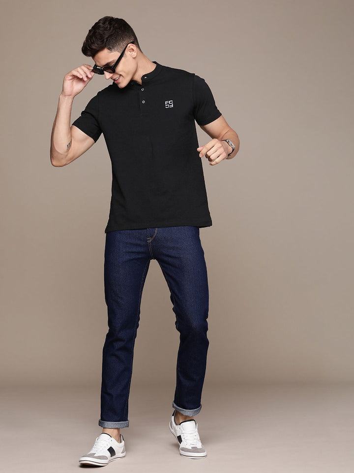 French Connection Brand Logo Henley Neck Pure Cotton Applique T-shirt
