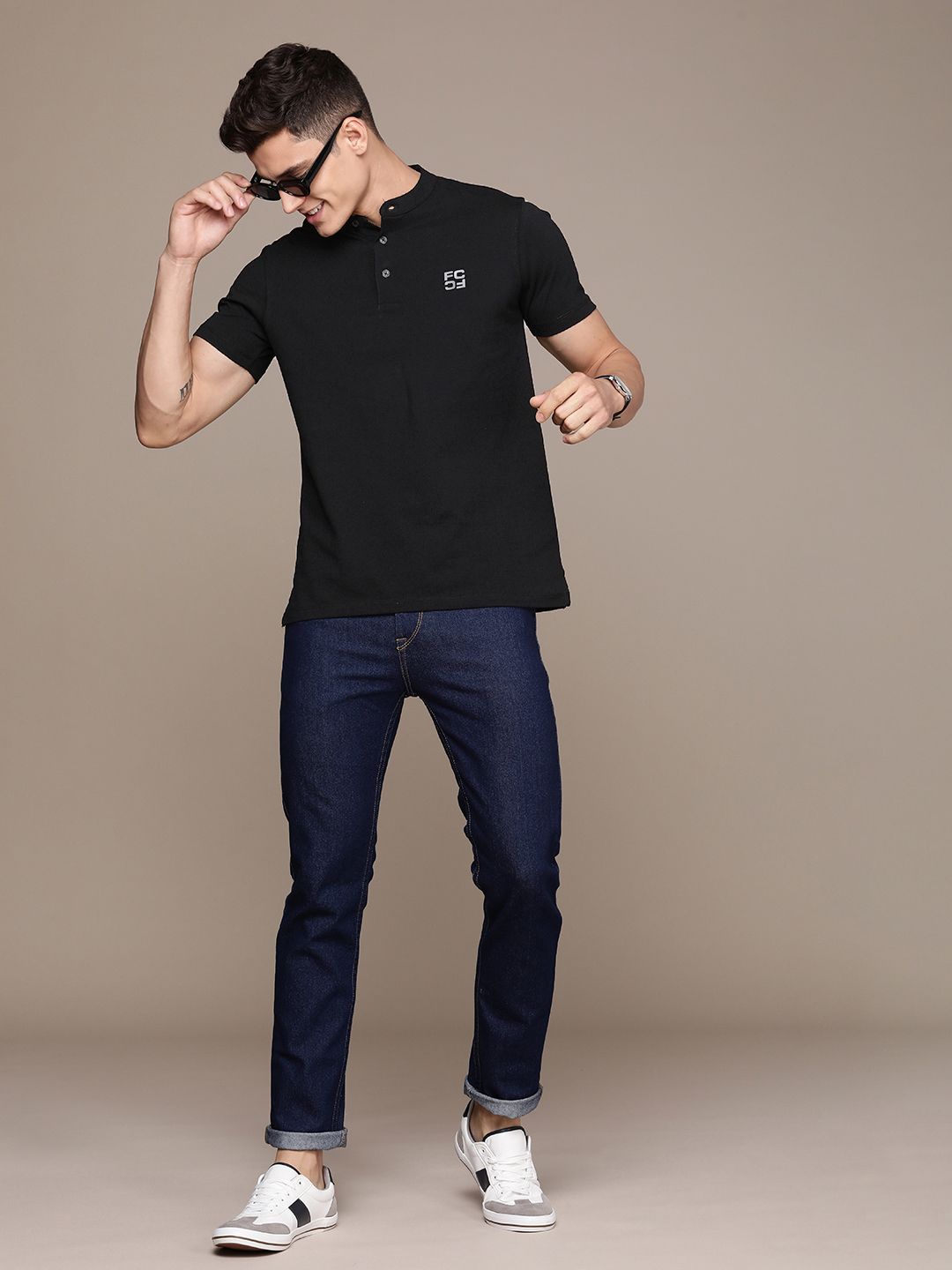 French Connection Brand Logo Henley Neck Pure Cotton Applique T-shirt
