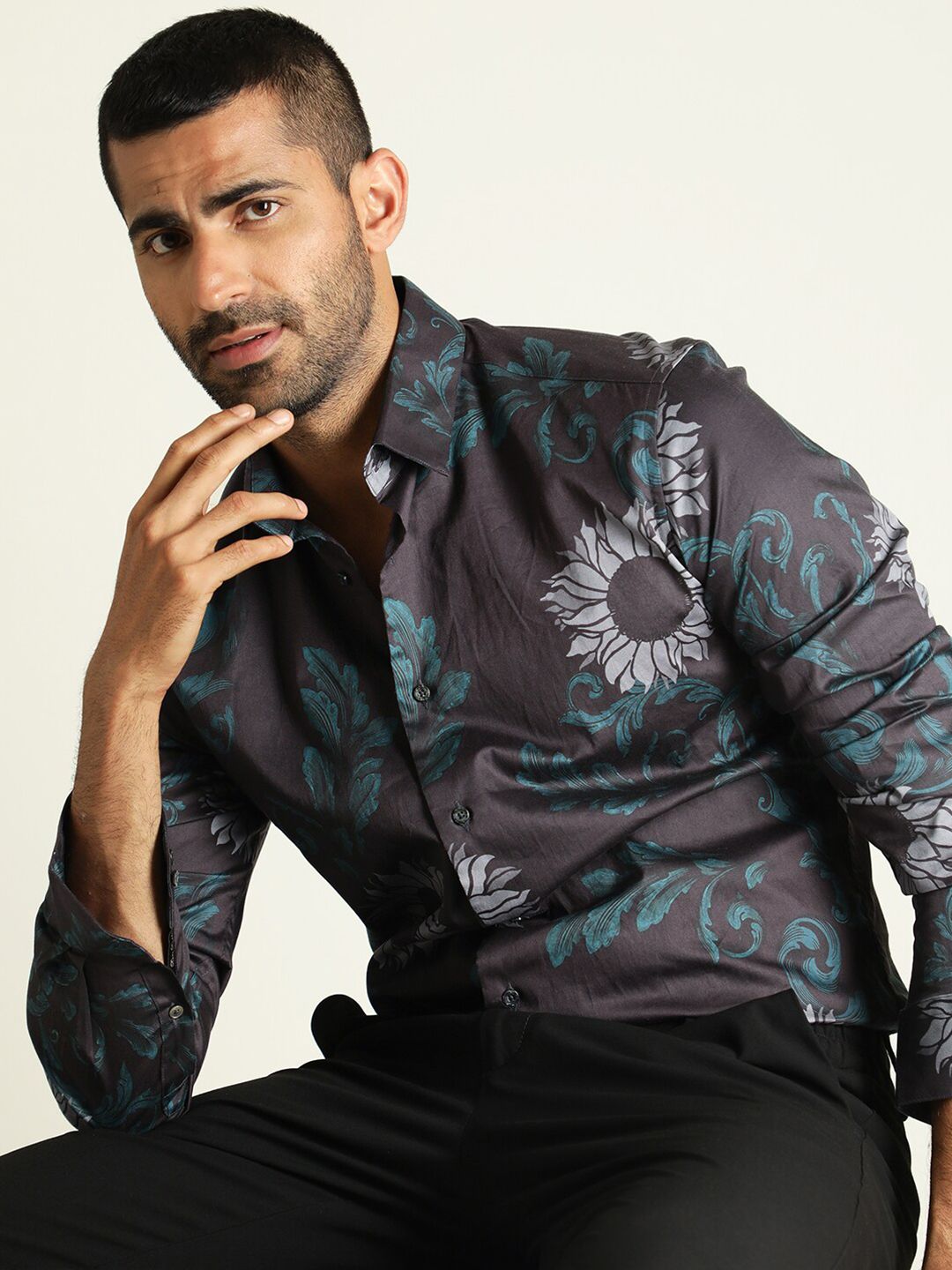 RARE RABBIT Men Silbon Floral Printed Slim Fit Cotton Shirt