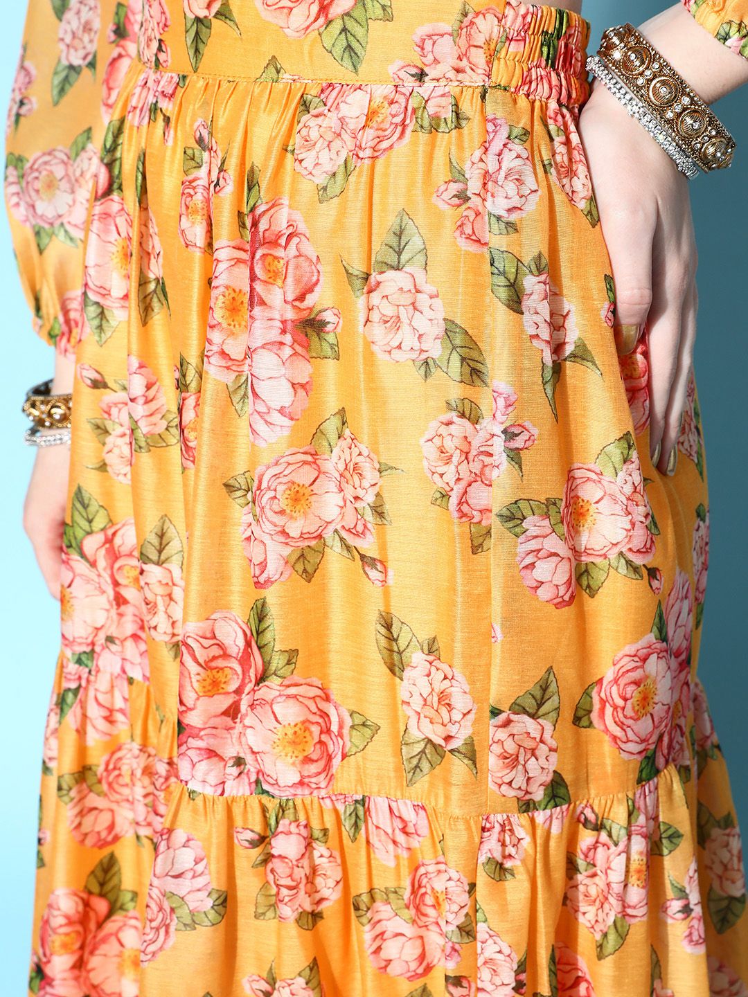 Shae by SASSAFRAS Women Yellow & Green Printed Ready to Wear Lehenga Choli