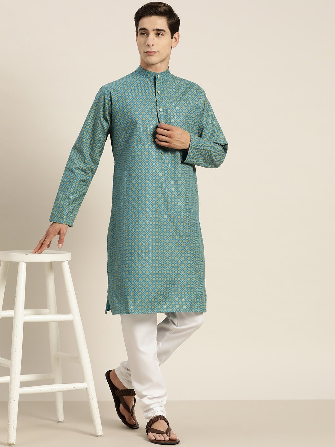 SOJANYA Men Ethnic Motifs Foil Printed Cotton Linen Kurta