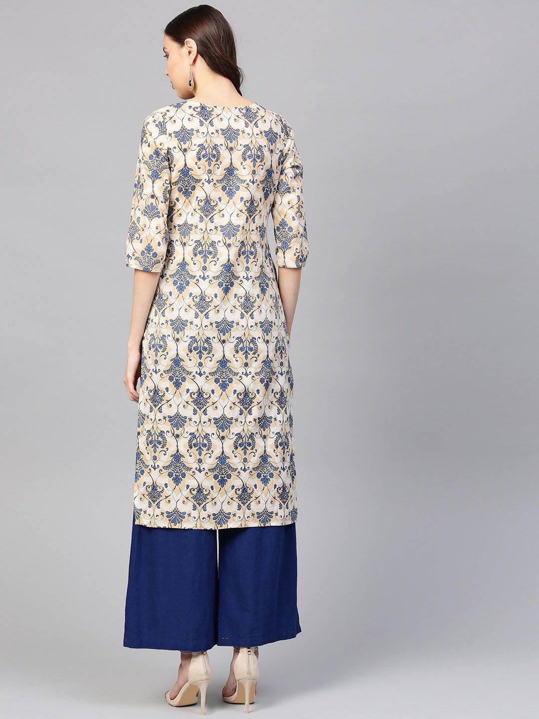 SOJANYA Women Beige & Navy Blue Printed Straight Kurta
