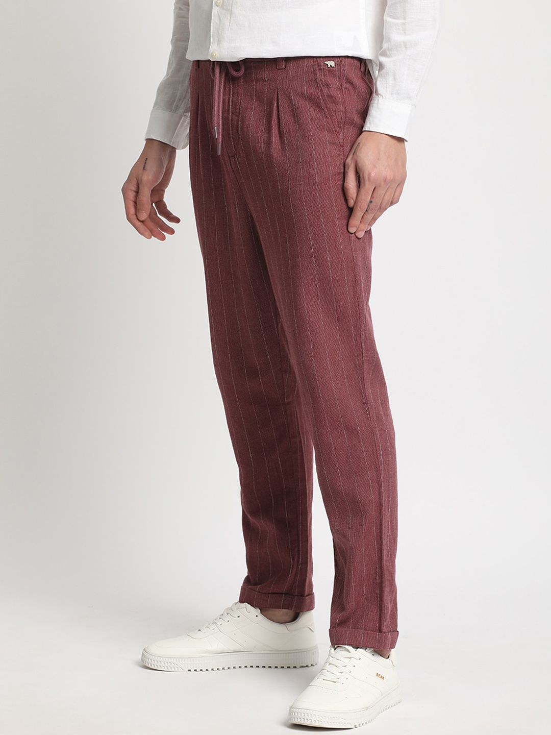 THE BEAR HOUSE Men Striped Tapered Fit Pleated Mid-Rise Trousers