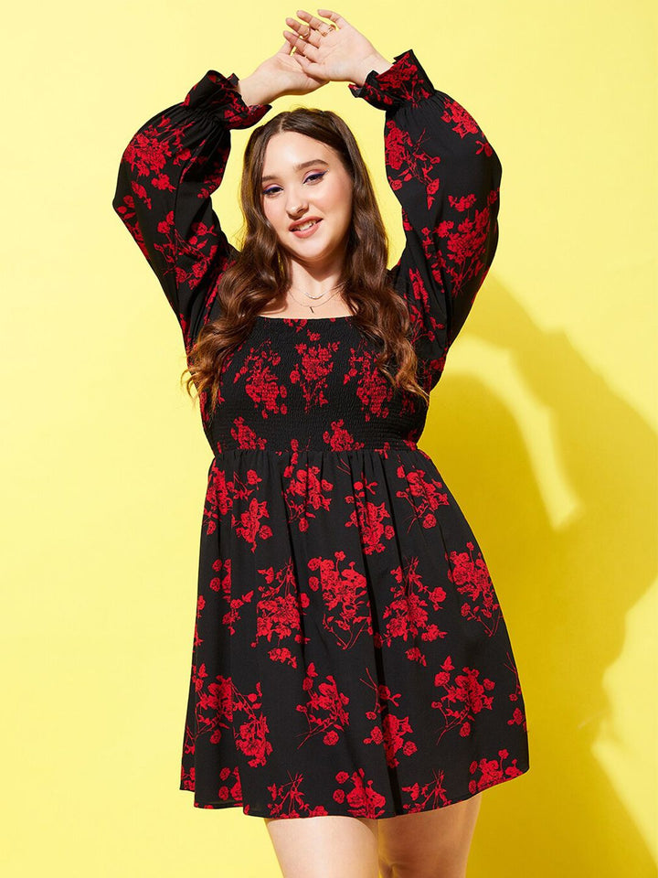 Berrylush Curve Black Floral Printed Smocked Fit & Flare Dress
