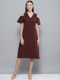 DENNISON Maroon Solid Cold-Shoulder Sleeves Crepe Dress