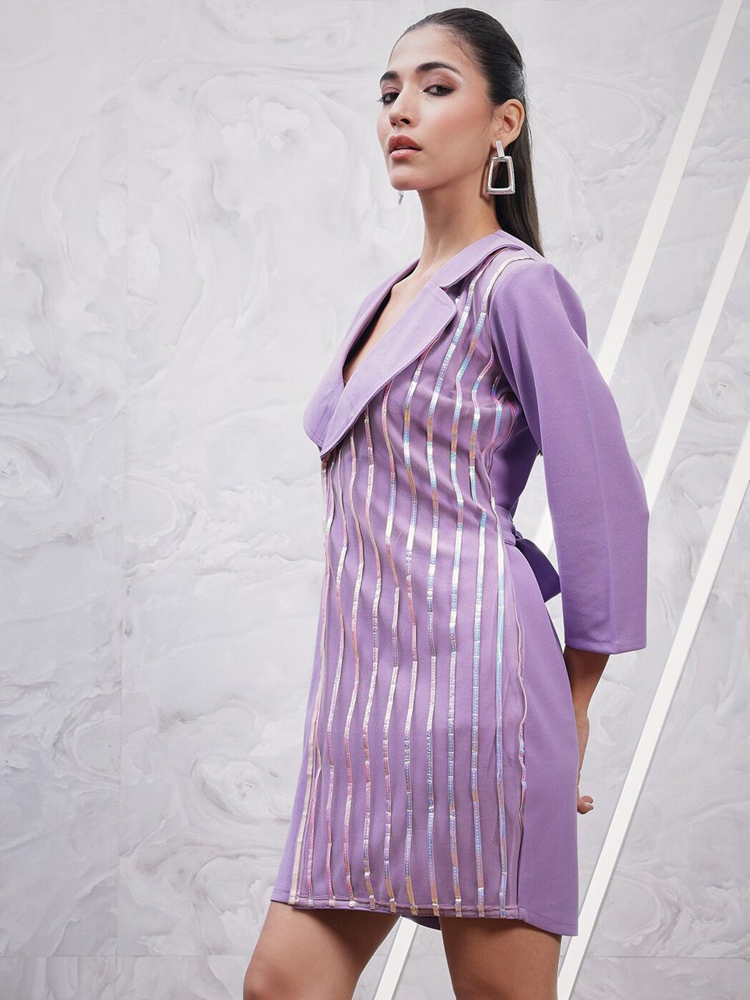 Athena Striped Embroidered Lapel Collar Sheath Dress