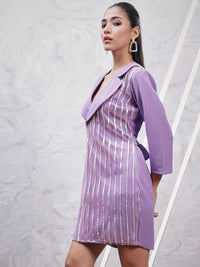 Athena Striped Embroidered Lapel Collar Sheath Dress