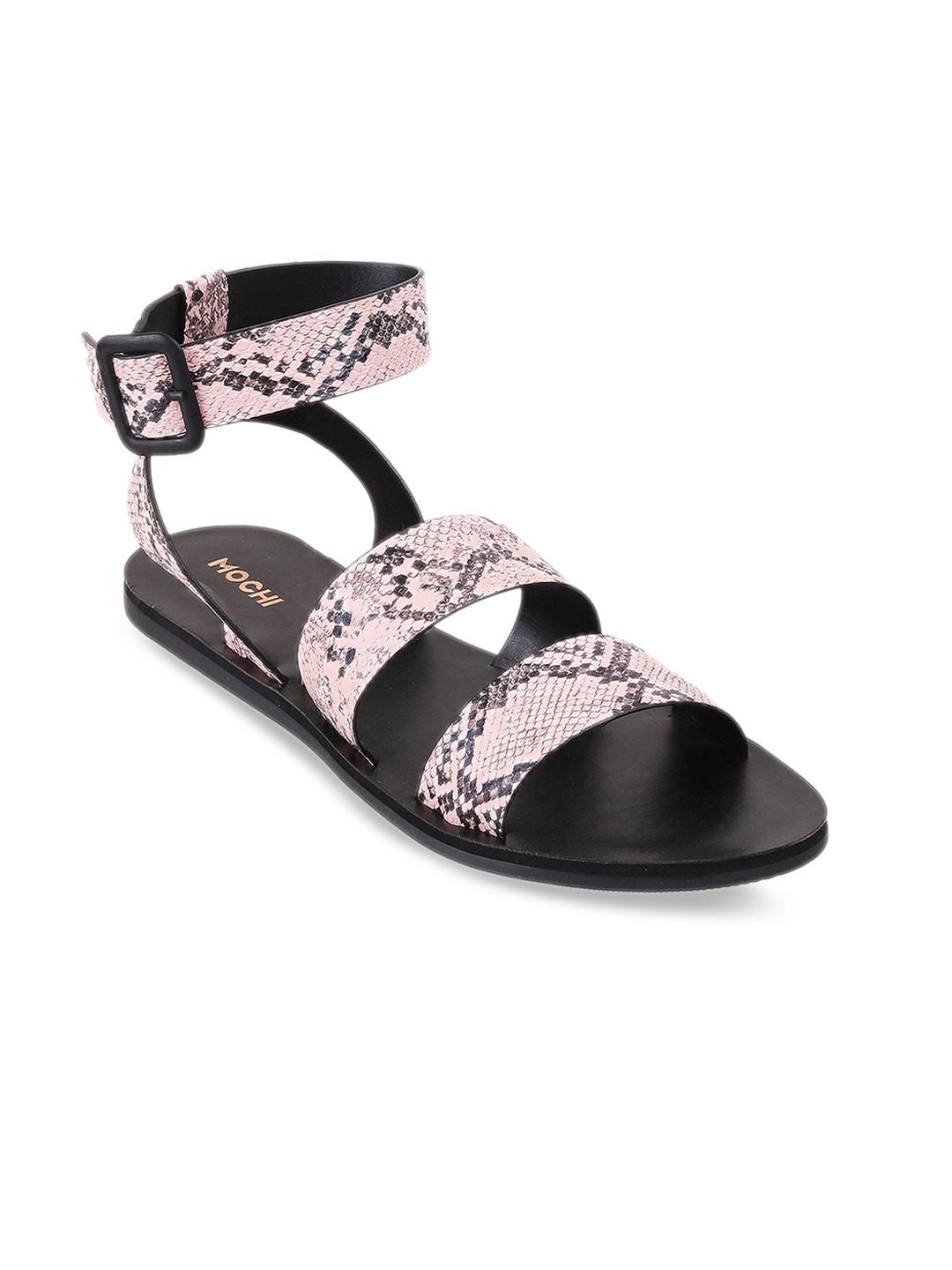 Mochi Printed Open Toe Flats With Ankle Loop