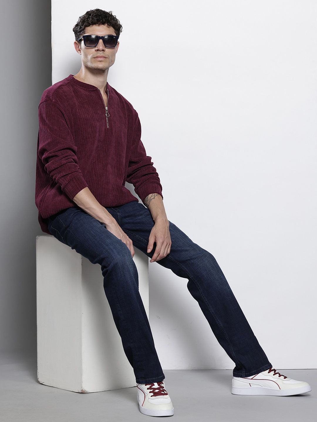 The Indian Garage Co Self Striped Corduroy Relaxed Fit Sweatshirt