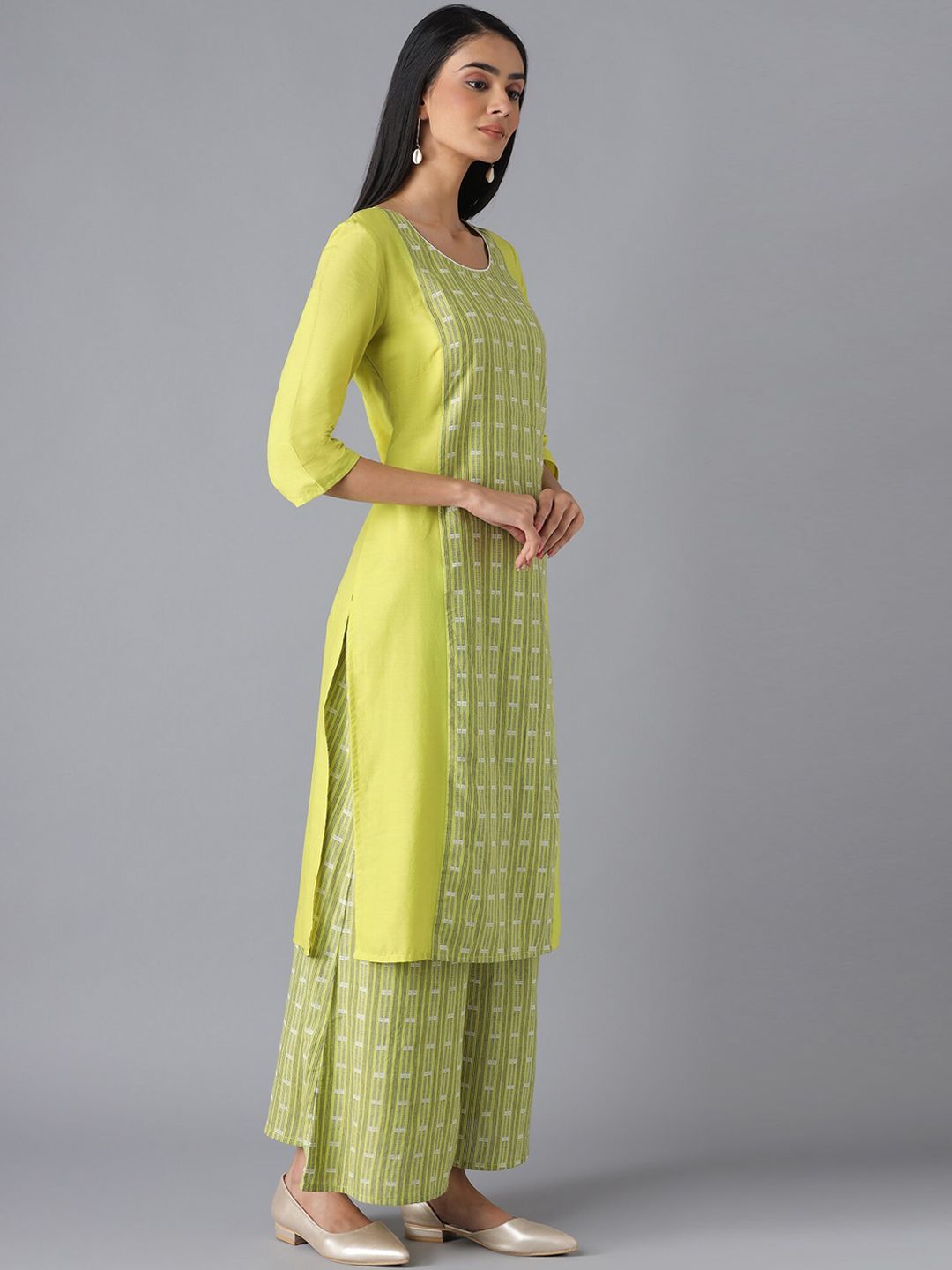 AURELIA Women Green Printed Panelled Pure Cotton Kurta with Palazzos