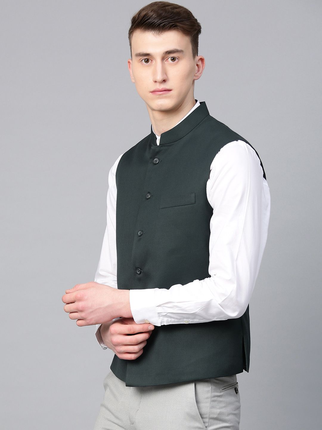 MANQ Men Green Slim Fit Solid Nehru Jacket
