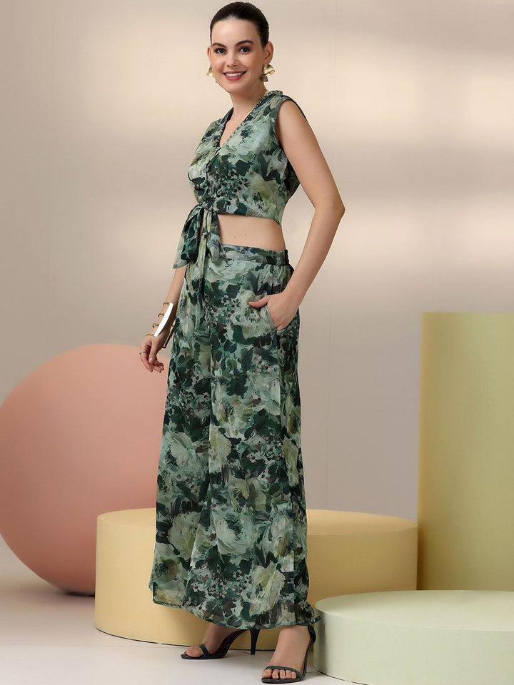 Libas Floral Printed V-Neck Top & Palazzo With Shrug