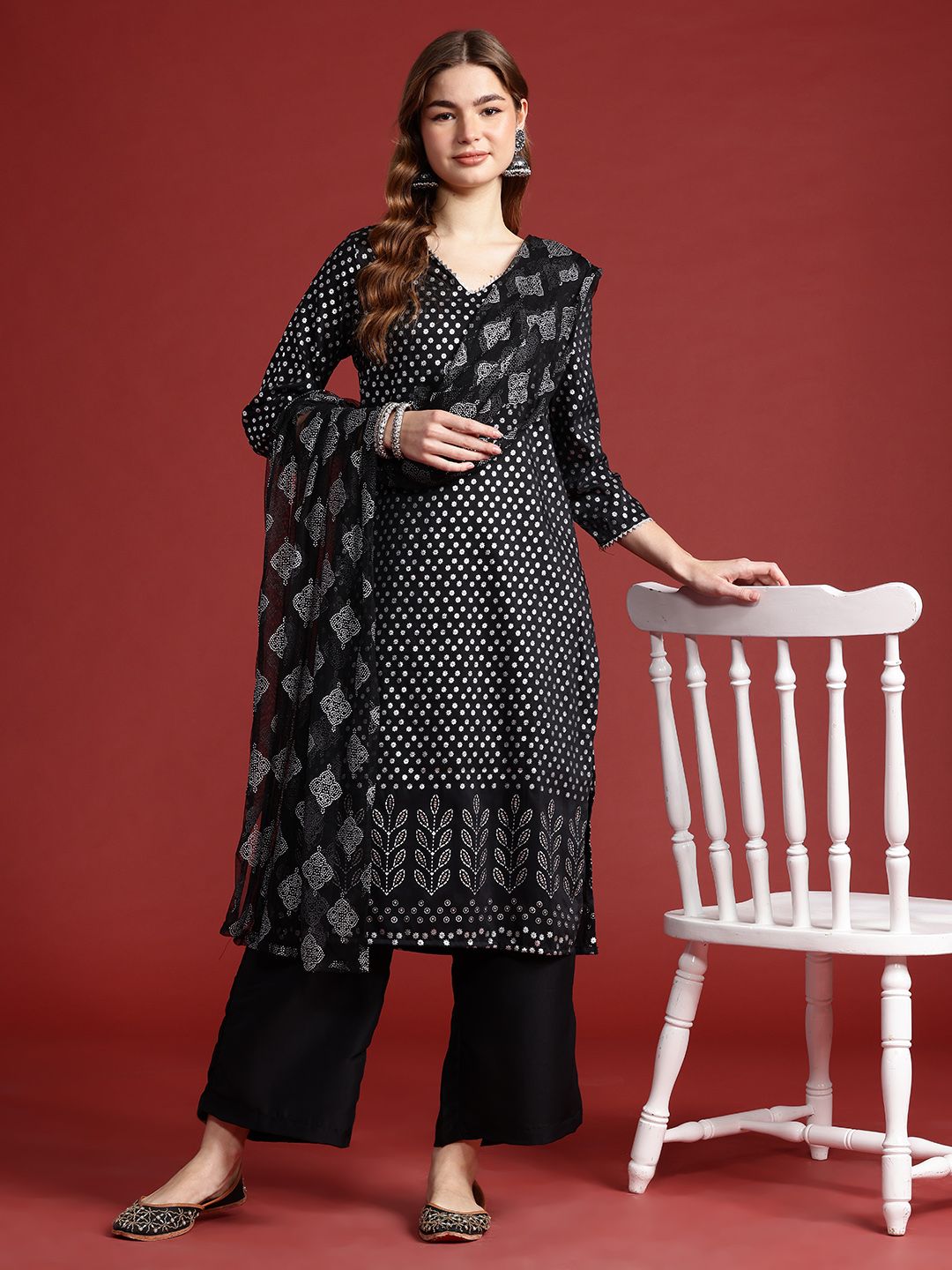 Anouk Floral Print Gotta Patti Kurta with Palazzos & Dupatta