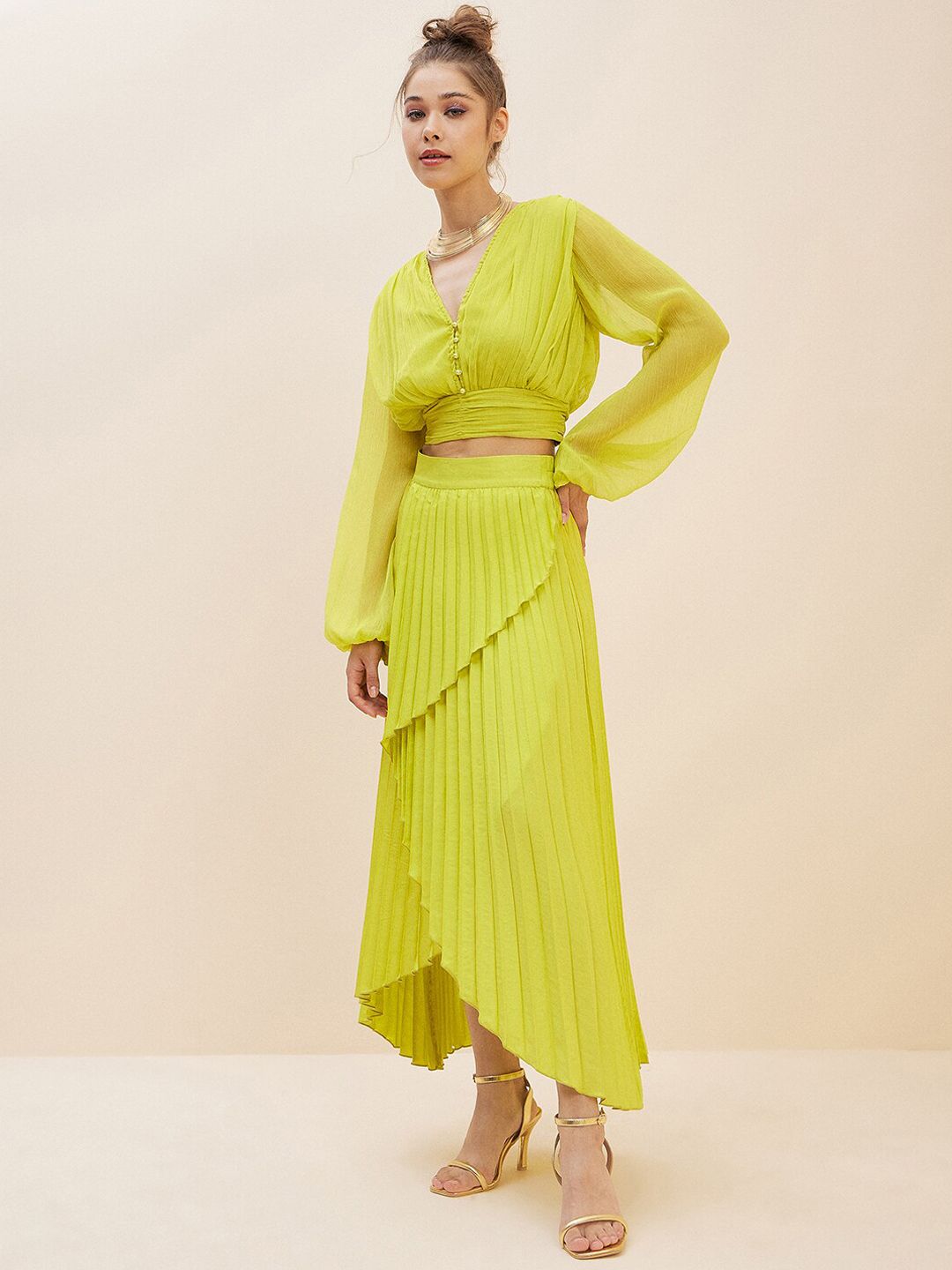 Antheaa Lime Green Crop Top With Accordion Pleated Overlap Assymetric Skirt