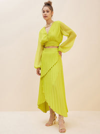 Antheaa Lime Green Crop Top With Accordion Pleated Overlap Assymetric Skirt