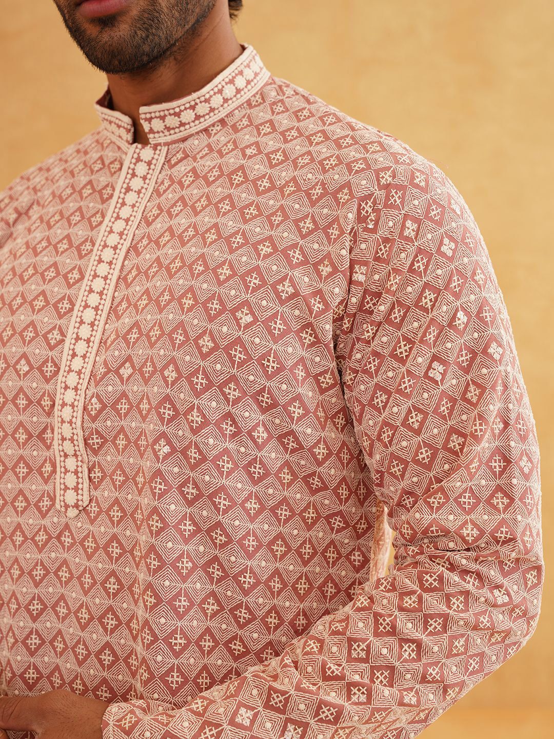 SOJANYA Geometric Embroidered Mandarin Collar Thread Work Pure Cotton Kurta With Churidar
