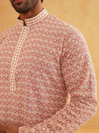 SOJANYA Geometric Embroidered Mandarin Collar Thread Work Pure Cotton Kurta With Churidar